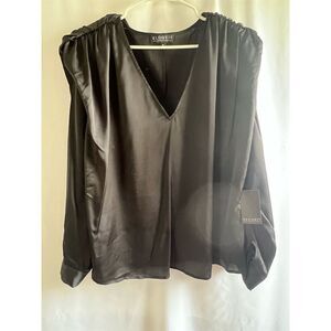 Eloquii Women's Plus Size 24 Black Satin V-Neck Blouse Long Sleeve